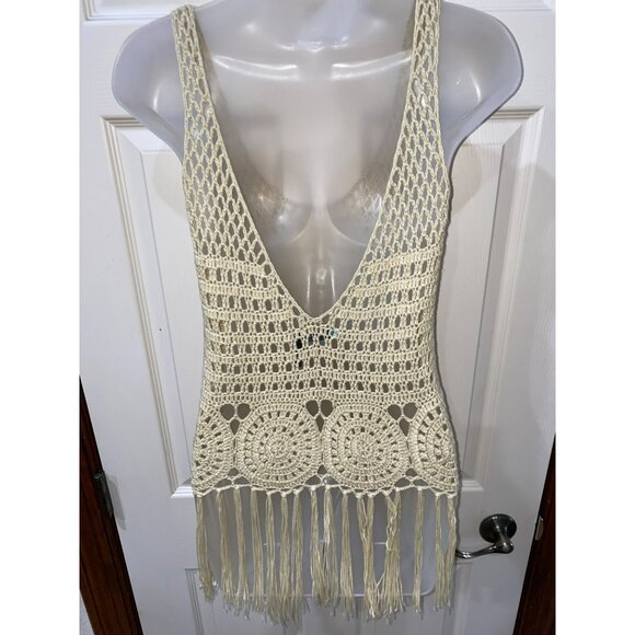 Boho Crochet Fringe Tank Top Cream Open Knit Sleeveless Beachwear Tunic Womens S - Picture 7 of 8